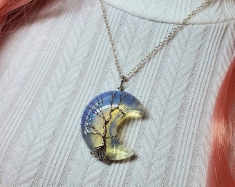 Crescent Moon Necklace | Opalite Pendant | Tree of Life | Crystal Moon Stone | Half Moon Accessory | Gift Ideas For Her | Wired Wrapped Moon