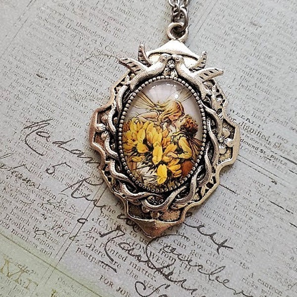 Yellow Fairy Necklace | Faerie Glass Pendant | Pixie Magic | Spring Girl | Fae Nature Jewelry | Cottage Core | Silver Oval | Gift Ideas