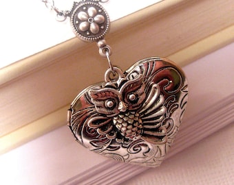 Heart Locket Necklace - Photo Necklace - Photo Frame Charm - Owl Necklace - Heart Jewelry - Love Necklace