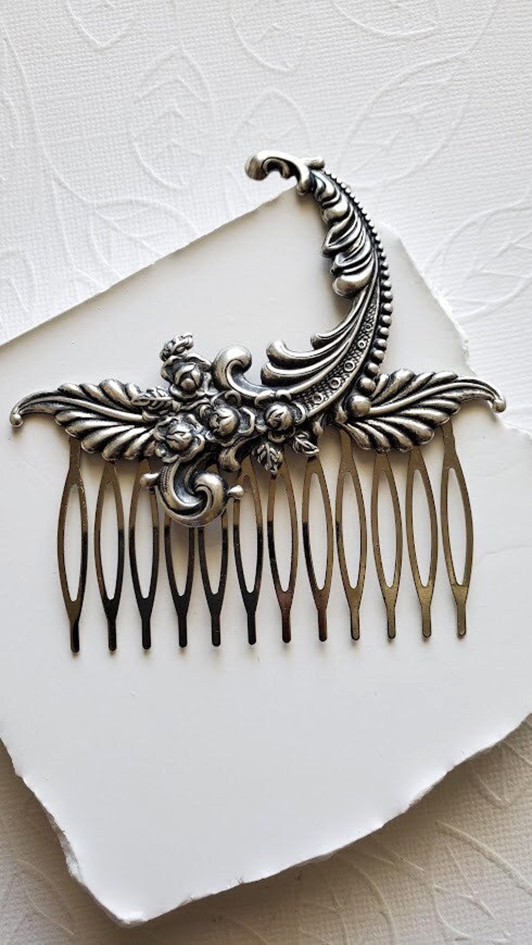 Silver Flower Hair Comb | Antique Look | Victorian Style  display picture 3