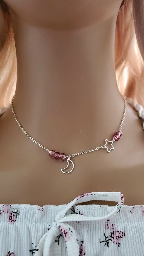 Sterling Silver Crescent Moon Star Necklace Pink Bead | Charm Pendant ...