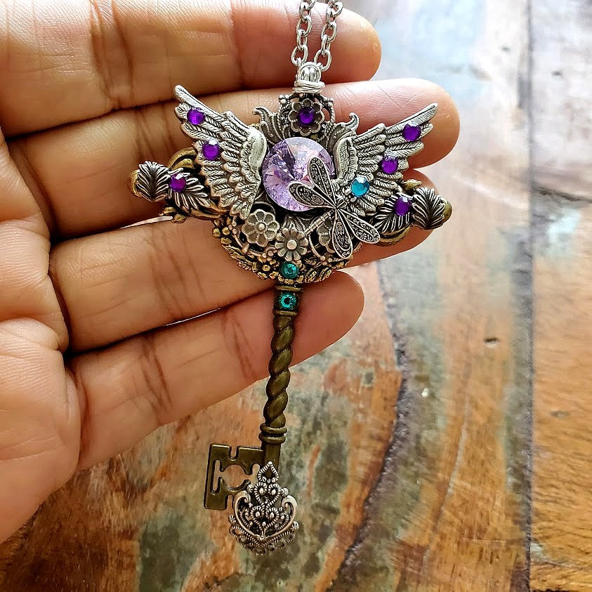 Fantasy Key Necklace - Wing Necklace - Dragonfly Purple Crystal - Turquoise - Bronze Key - Fantasy Steampunk - Custom Chain Length