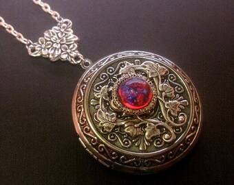 Locket Necklace Dragons Breath Fire Opal - Large Round Silver - Photo Keepsake Jewelry - Custom Length Chain - Christmas Gift