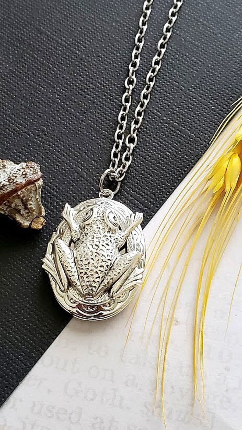 Silver Oval Locket Frog Necklace Animal Pendant Wetland Leaf Picture Hold Jewelry Charming Emerald Cute Toad Locket Large Oval image 8