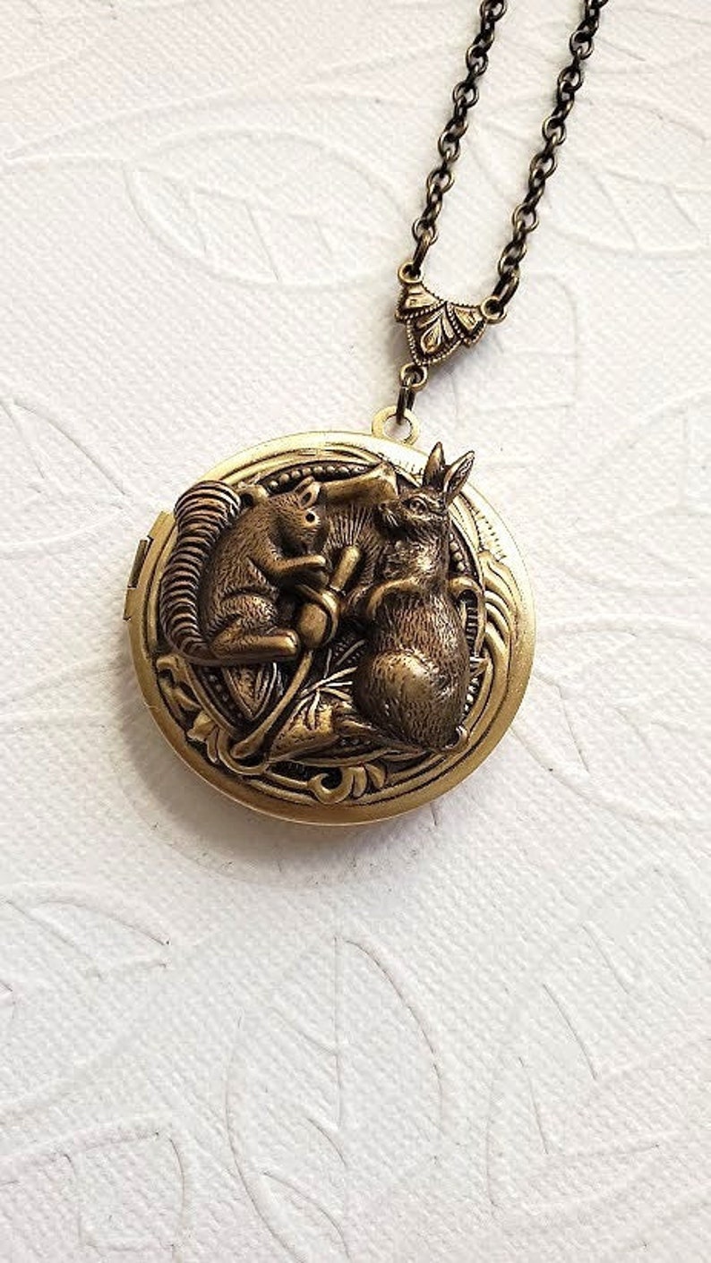 Rabbit Locket | Squirrel Bunny Necklace | Round Brass Pendant ...