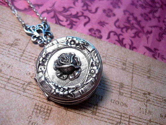 Silver Locket Necklace - Photo Locket Pendant - Flower Floral Locket - Round - Rose - Victorian - Appreciation Gift - Thank You - Friend