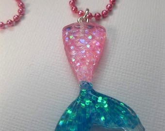 Mermaid Tail Necklace ~ Mermaid Necklace Pink Chain ~ Ball Chain ~ Colored Chain ~ Glitter Necklace ~ Glitter Mermaid Tail Pendant Necklace