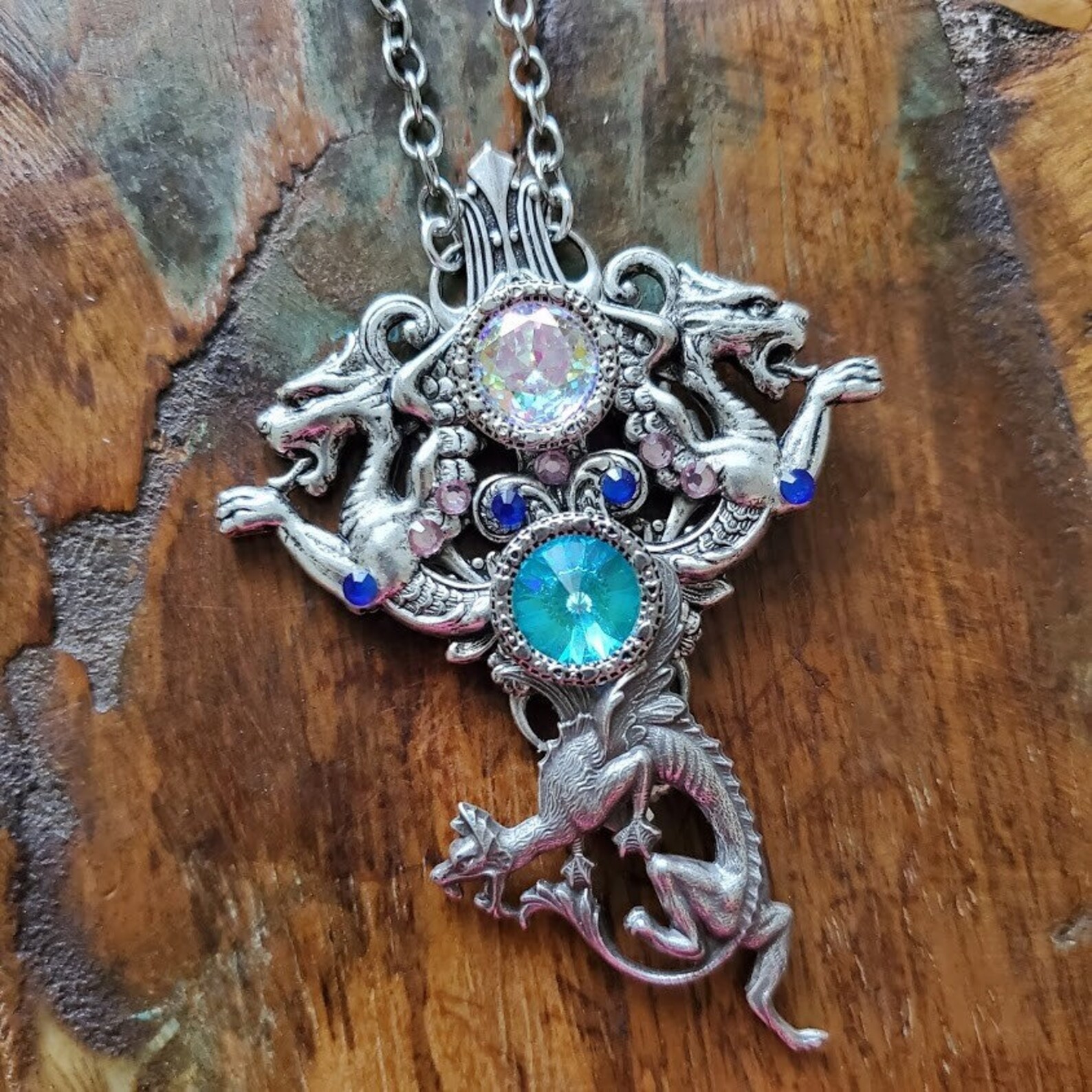 Fantasy Dragon Necklace Mythical Creature Crystal Amulet Royal Etsy