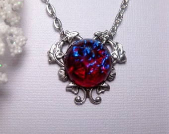 Collar de aliento de dragón / Colgante de ópalo de fuego / Collar de ópalo mexicano / Collar de corazón de estilo victoriano / Collar de ópalo de vidrio
