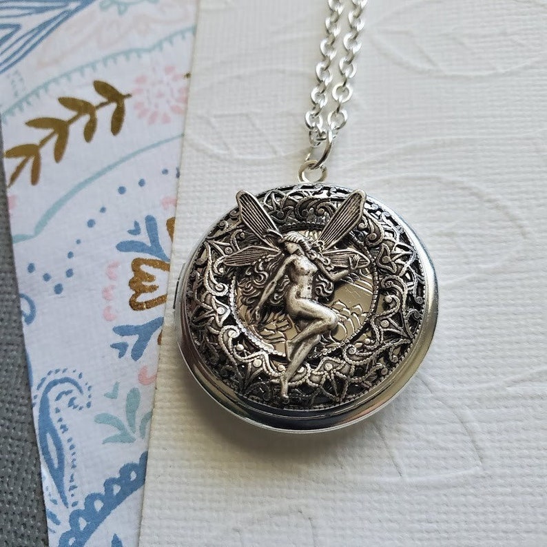 Silver Fairy Locket Photo Picture Necklace Enchantment Magical Dream Whimsical Round Pendant EA764 image 1