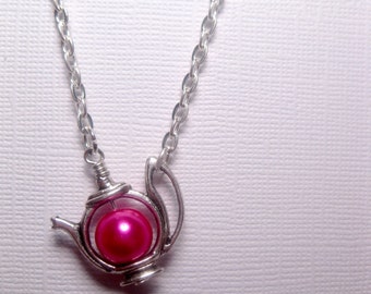 Kawaii Teapot Necklace - Dragon Pink Pearl - Silver Frame