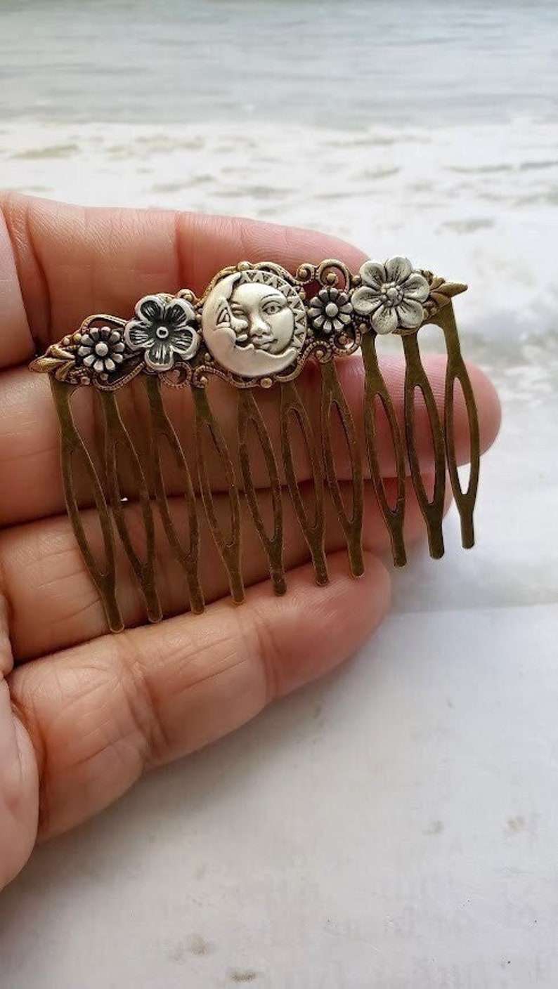Moon Haircomb Fantasy Sun Accessory Antique Style Comb Flower Hairpiece Vintage Look Hair Pin Man in the Moon Celestial Gift image 3