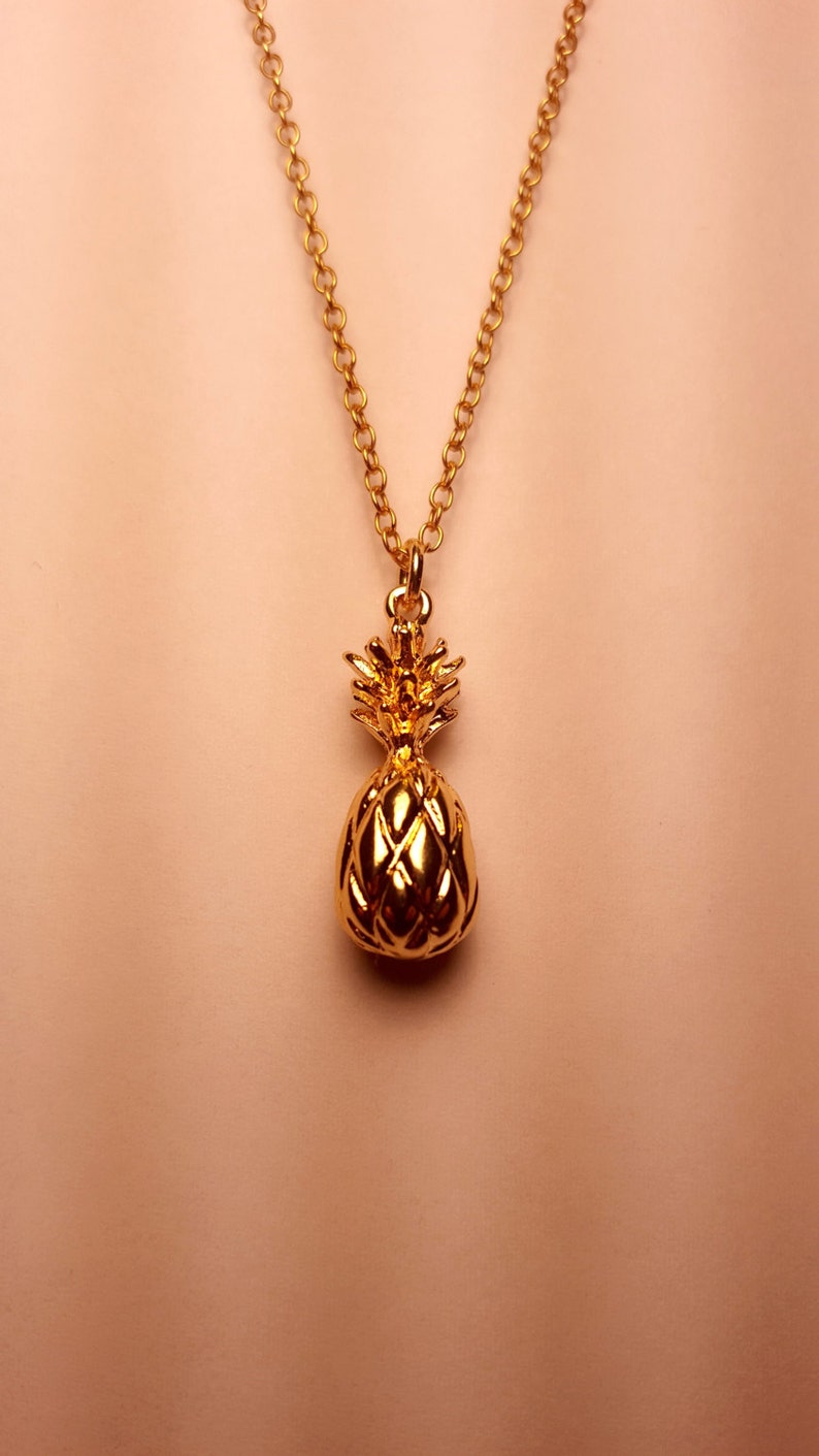 Gold Pineapple Necklace 24k Gold Plated Tropical Necklace Pendant Custom Length Chain Fruit Hawaii Christmas Gift image 3