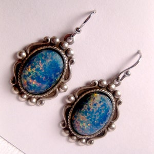 Opal Earrings Blue Silver Dangle Drop Fancy Victorian Style image 3