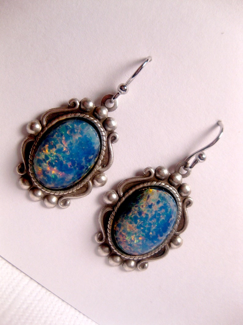 Opal Earrings Blue Silver Dangle Drop Fancy Victorian Style image 3