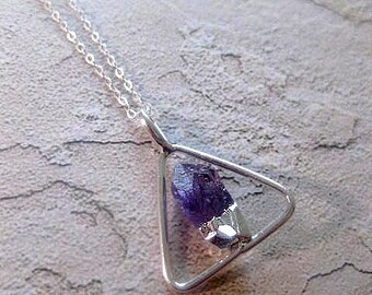 Triangle Amethyst Pendant Necklace - Choose Chain Length - Silver - Amethyst Point - Gemstone - Quartz - Purple - Charm - Crystal Necklace