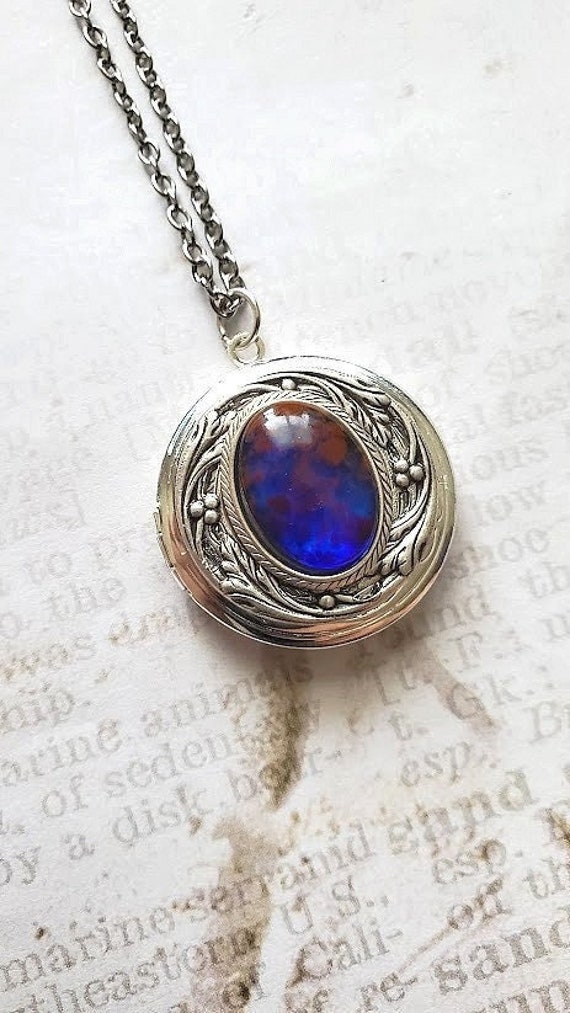 Speckled Blue Opal Silver Locket - Victorian Romantic Pendant - Blue…