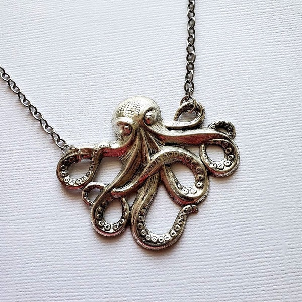 Octopus Necklace Silver Tentacle Jewelry Nautical Unisex Oxidized Steampunk Disney Descendants Ursula Cephalopod EA720