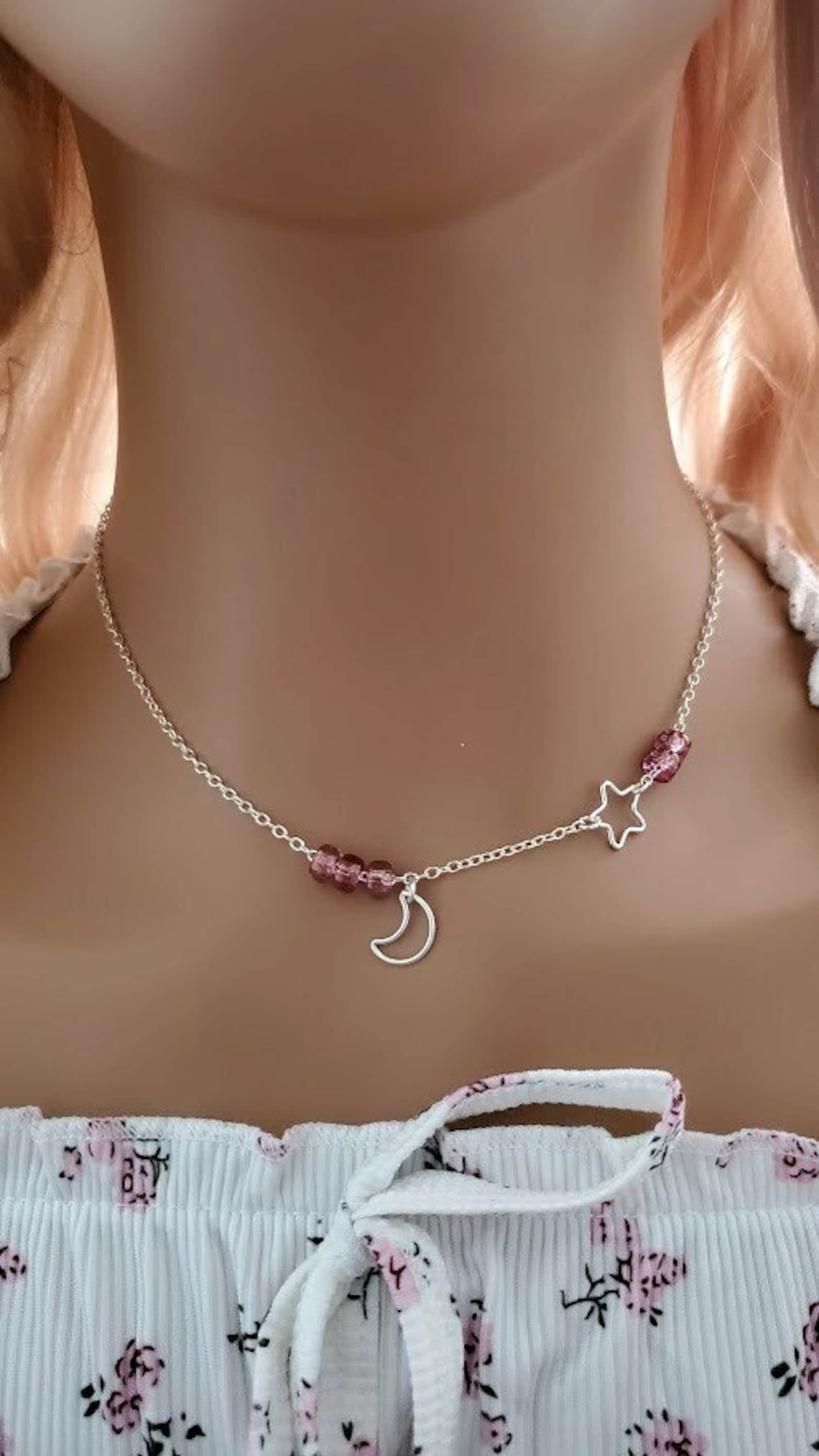 Sterling Silver Crescent Moon Star Necklace Pink Bead | Charm Pendant ...