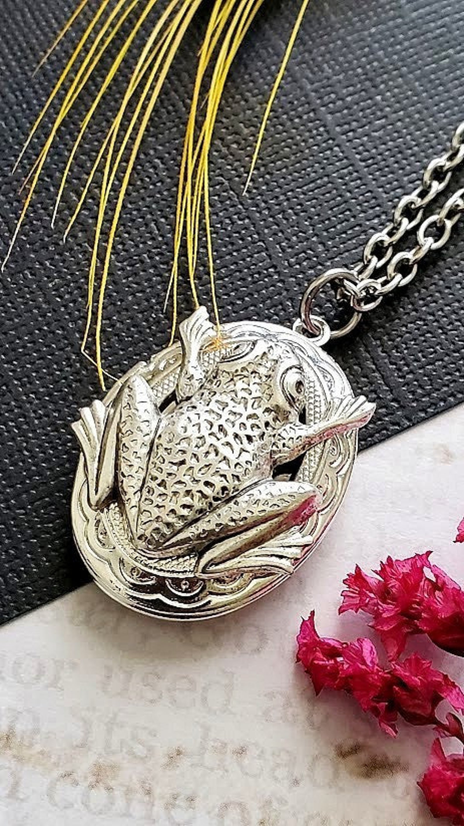 Silver Oval Locket - Frog Necklace - Animal Pendant - Wetland Leaf ...