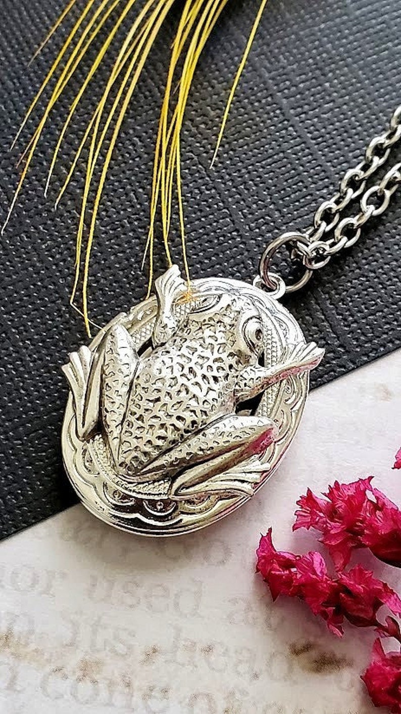 Silver Oval Locket Frog Necklace Animal Pendant Wetland Leaf Picture Hold Jewelry Charming Emerald Cute Toad Locket Large Oval image 1