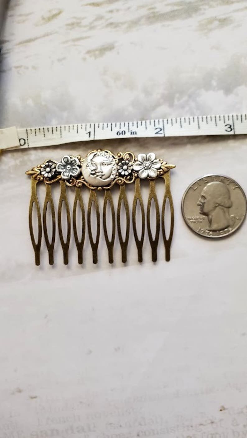 Moon Haircomb Fantasy Sun Accessory Antique Style Comb Flower Hairpiece Vintage Look Hair Pin Man in the Moon Celestial Gift image 6