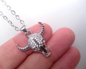 Silver Bull Necklace ~ Bull Skull Necklace ~ Longhorn ~ Cowgirl ~ Horns ~ Head Horn ~ Custom Chain Length