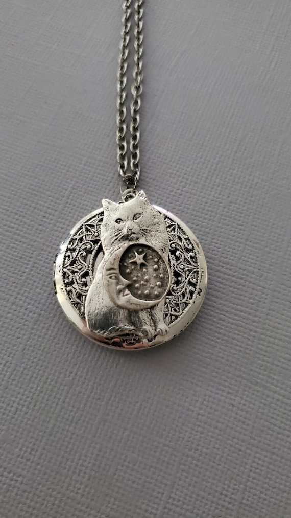 Cat Moon Stars Locket | Silver Antique Victorian Gothic Moon and Stars Necklace | Ornate Textured Cat Pendant | Mystical Gift For Cat Mom