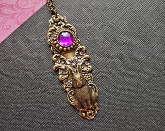 Bunny Necklace | Purple Crystal Rhinestone Pendant | Victorian Rabbit | Nature Woodland | Vertical Bar Long Charm | Brass Animal Tag