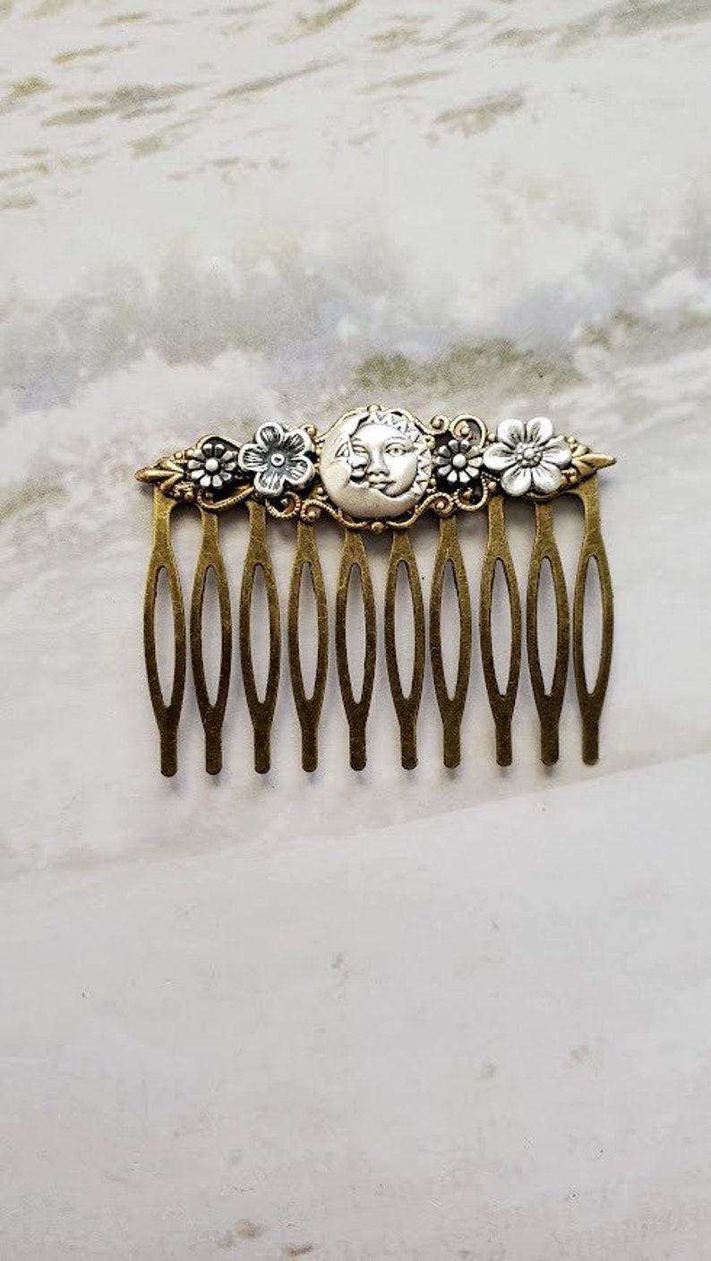 Moon Haircomb Fantasy Sun Accessory Antique Style Comb Flower Hairpiece Vintage Look Hair Pin Man in the Moon Celestial Gift image 5