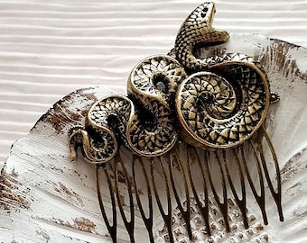 Snake Haircomb | Brass Reptile Comb | Thick Coil Snake | Halloween Gothic Grunge Fashion | Open Mouth Snake | Goth Hair Comb | Python Charm