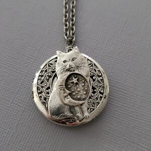 K&ouml;nnte beinhalten: Ein silberfarbener, runder Medaillon-Anh&auml;nger an einer passenden Kette. Das Medaillon zeigt ein erhabenes Relief einer Katze, die eine Mondsichel mit einem Stern und kleinen Punkten h&auml;lt. Der Hintergrund hat ein komplexes Filigranmuster.
