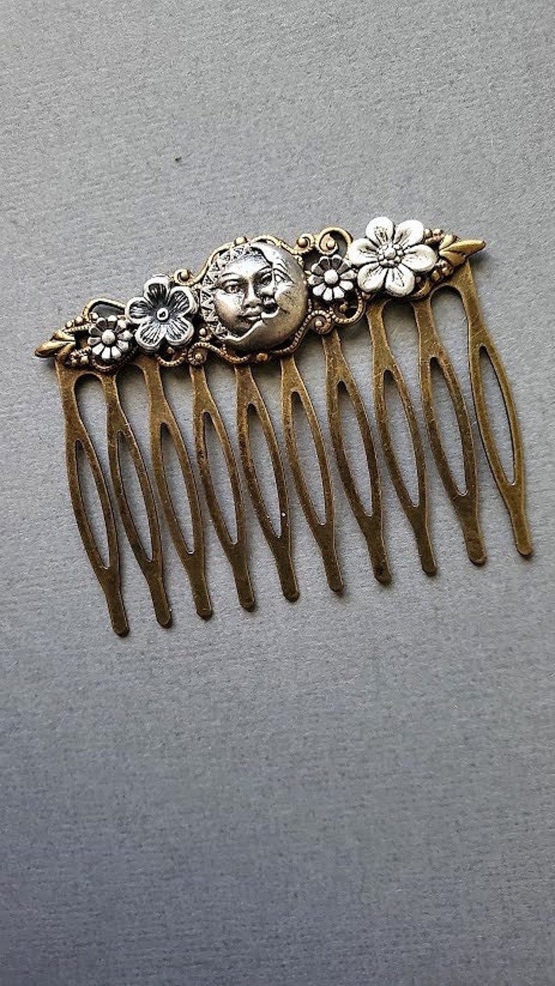 Moon Haircomb Fantasy Sun Accessory Antique Style Comb Flower Hairpiece Vintage Look Hair Pin Man in the Moon Celestial Gift image 4