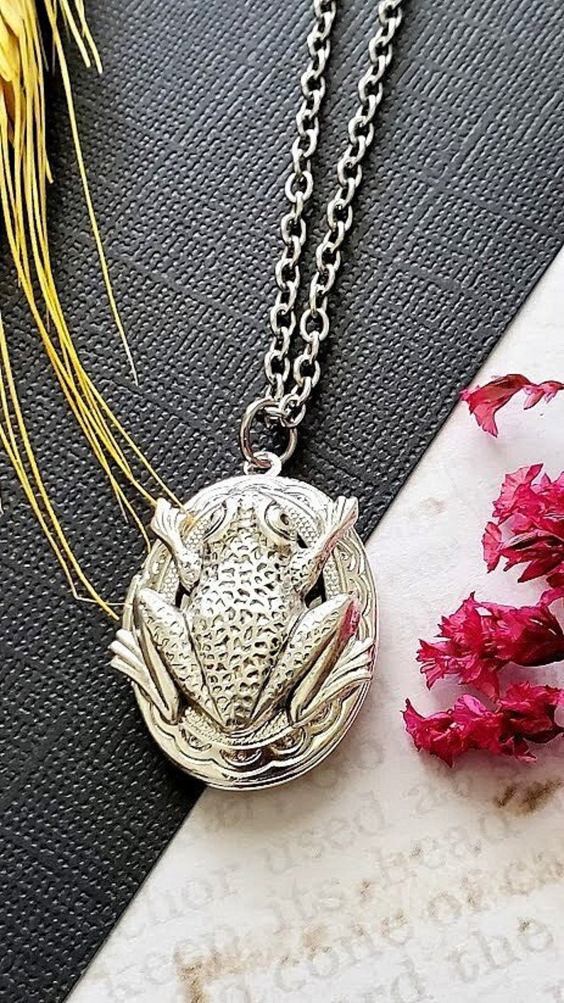 Silver Oval Locket Frog Necklace Animal Pendant Wetland Leaf Picture Hold Jewelry Charming Emerald Cute Toad Locket Large Oval image 3