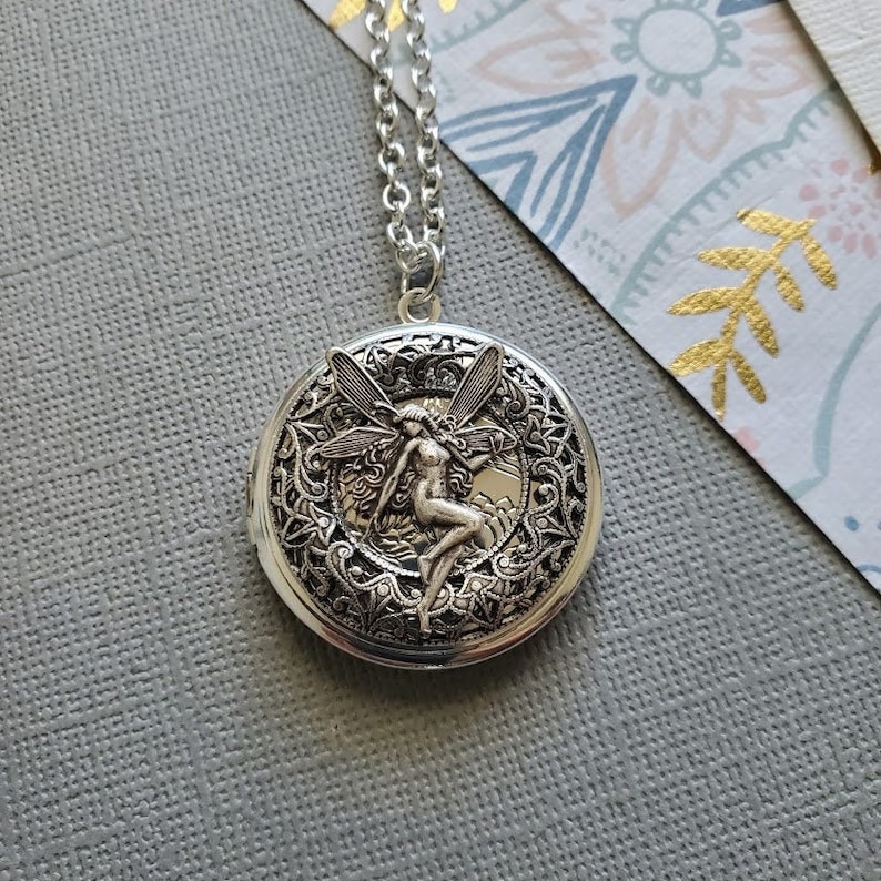 Silver Fairy Locket Photo Picture Necklace Enchantment Magical Dream Whimsical Round Pendant EA764 image 7