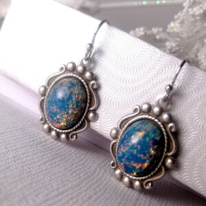 Opal Earrings Blue Silver Dangle Drop Fancy Victorian Style image 5