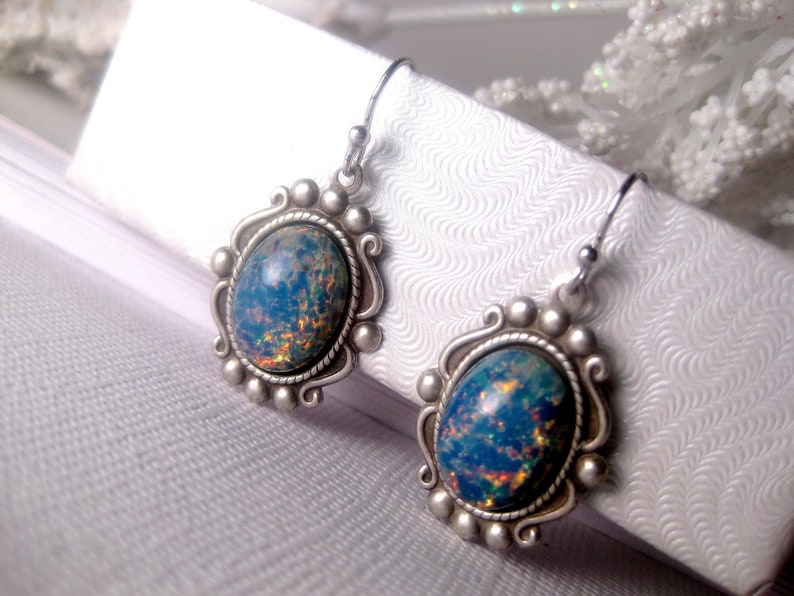 Opal Earrings Blue Silver Dangle Drop Fancy Victorian Style image 5