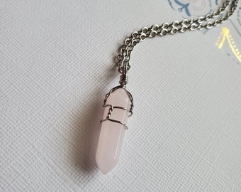 Rose Quartz Point Necklace Wire Wrapped Minimalist Jewelry  Heart Chakra Pink Simple Pendant Contemporary EA718