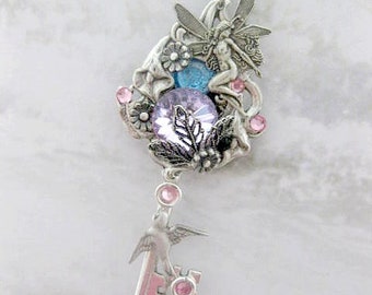 Key Necklace - Fairy Key Necklace - Fantasy Purple Crystal - Flower Bird Nature Pendant Pink - Choose Your Chain Length