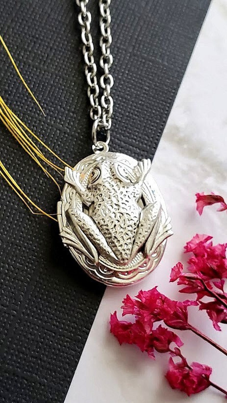 Silver Oval Locket Frog Necklace Animal Pendant Wetland Leaf Picture Hold Jewelry Charming Emerald Cute Toad Locket Large Oval image 6