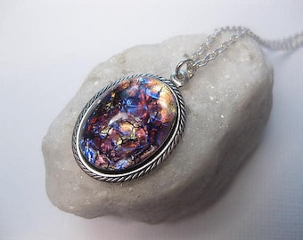 Amethyst Fire Opal Necklace - Simple Pendant Hope Friendship Gift - February Birthstone Charm Necklace