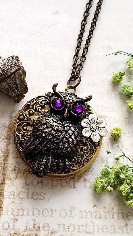 Owl Locket Wild Life Jewelry Antique Bronze Locket Round Owl