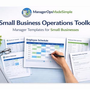 May include: Image of the "Small Business Operations Toolkit" with the "Manager OpsMadeSimple" logo. The image shows various business templates, including an employee schedule, employee write-up forms, and a coffee cup. A hand is holding a pen over the employee schedule.