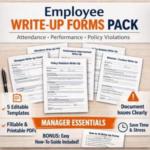 May include: An Employee Write-Up Forms Pack with 5 editable templates, fillable and printable PDFs. Includes forms for attendance, performance, and policy violations. Features the text "Manager Essentials" and "Document Issues Clearly."