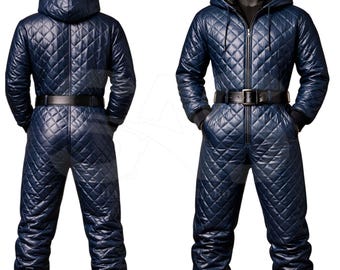 Men’s Blue Quilted Leather Jumpsuit with Belt | Hooded One Piece Outfit