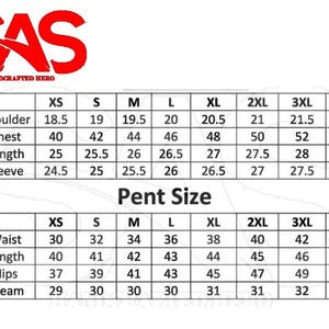May include: A size chart for clothing featuring the SAS Handcrafted Hero logo. The top table lists measurements in inches for shoulder, chest, length, and sleeve for sizes XS to 4XL. The bottom table, labeled Pent Size, lists waist, length, hips, and inseam measurements in inches for sizes XS to 4XL.