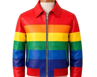 Men’s Multicolor Leather Jacket – Rainbow Stripe Fashion Bomber
