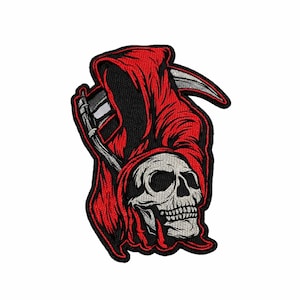 May include: Embroidered patch featuring a grim reaper design. The reaper is depicted in a red hooded cloak, holding a scythe. The skull is white with black eye sockets and a detailed jawline. The patch is outlined in black.