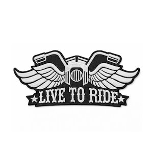 May include: Black and white embroidered patch with a motorcycle engine design and wings. The text "LIVE TO RIDE" is displayed in white, with stars on either side. The patch is likely for a jacket or vest.