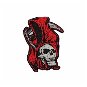 Grim Reaper Patch – Red Hood Skull Embroidered Biker Badge